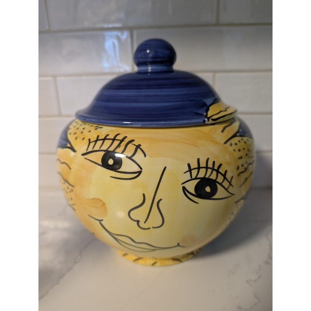 Vtg Pier 1 Imports Hand Painted Abstract Celestial Sun Face Ceramic Canister